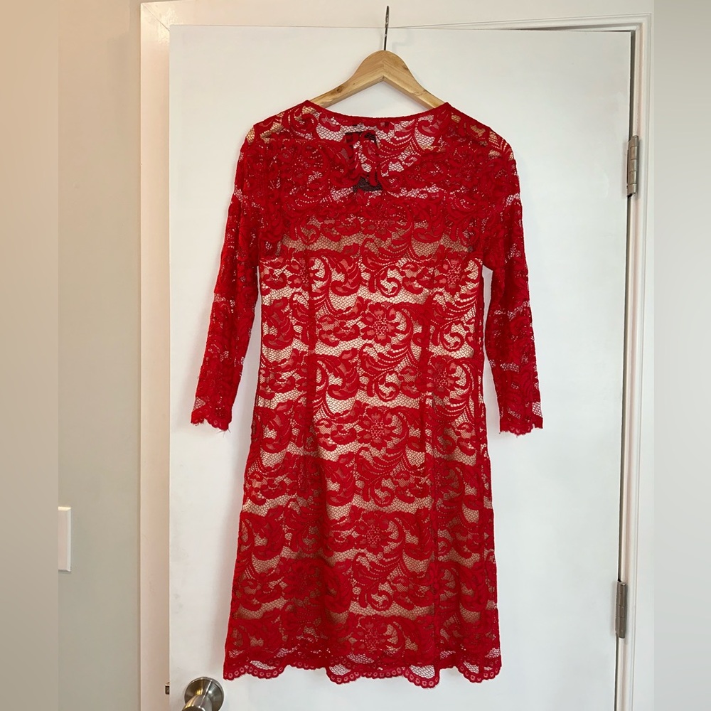Elegant Red Lace Silky 3/4 Sleeve Dress size 8